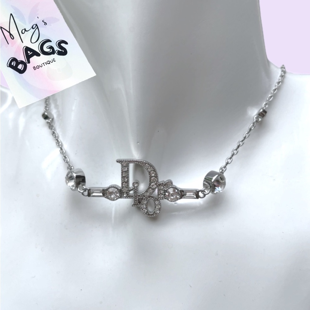Dior: Crystal Logo Bar Rhinestone Silver Necklace - Picture 5 of 16